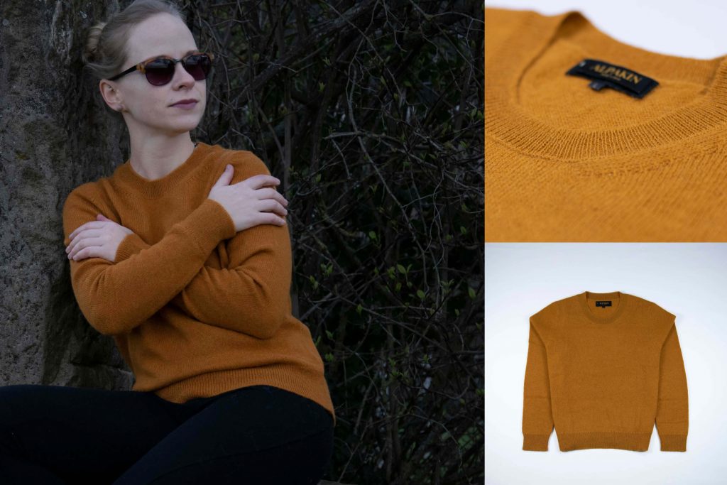 Alpaka Pullover Asiri für Damen in orange von Alpakin, mit blondem Model