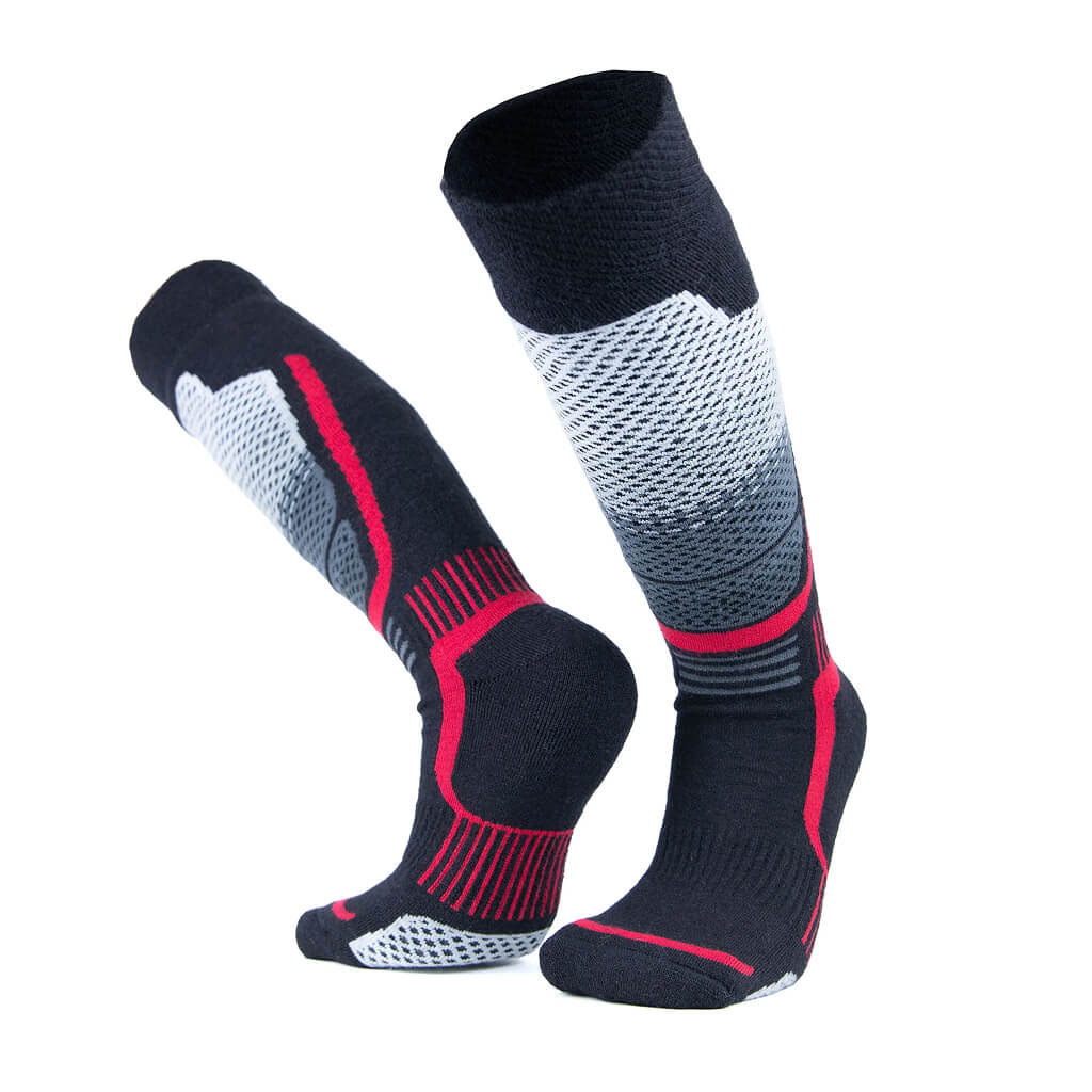 Atmungsaktive Alpaka Skisocken in rot und schwarz für Winter Outdoor Aktivitäten
