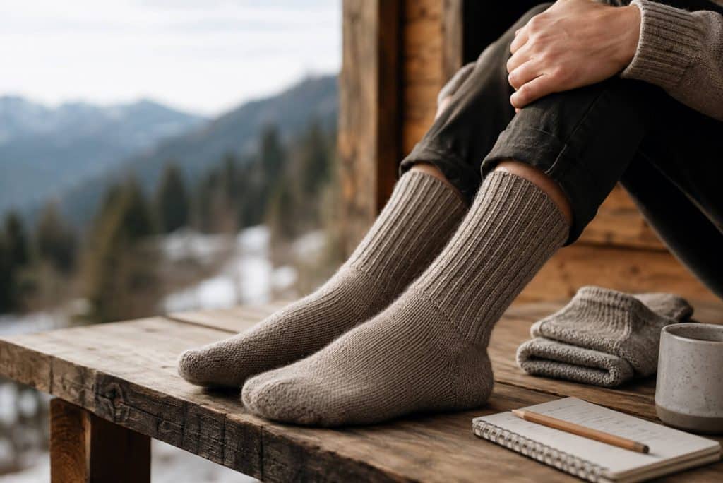 Alpaka Sockeen getragen und Notitzblock daneben für den Alpaka Socken Test