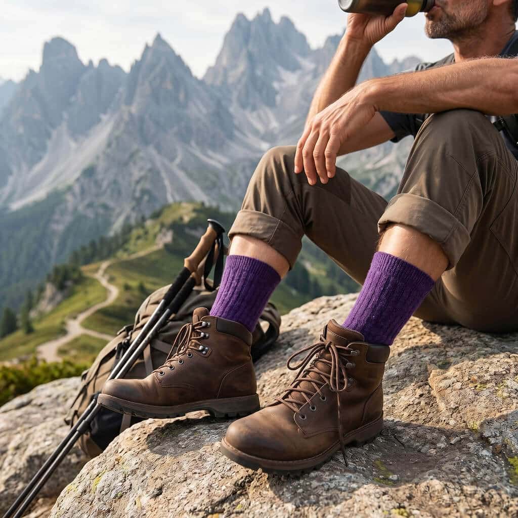 Mann trägt dunkellila-farbige Alpaka Wandersocken von Alpakin auf seiner Bergwanderung und trinkt Wasser