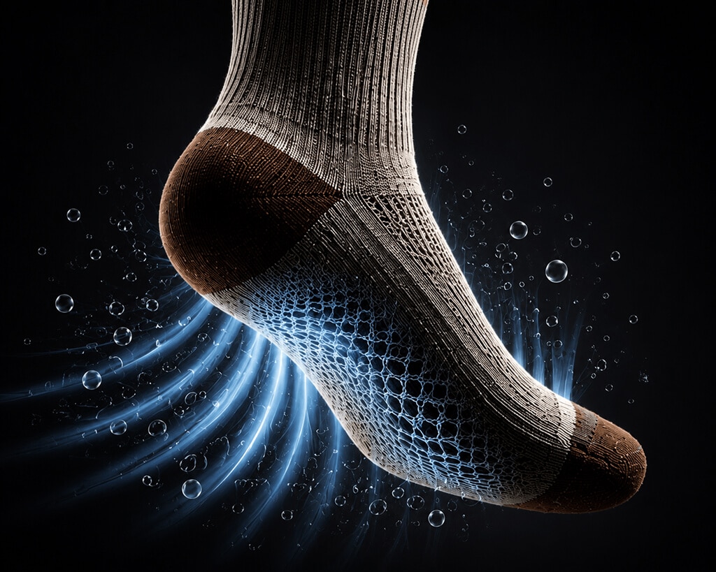 Technisches Bild zeigt atmungsaktive Socken, die Feuchtigkeit nach außen ableiten