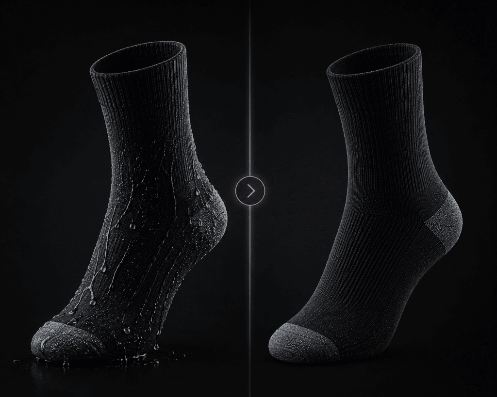 Vergleich nasser Socken zu atmungsaktiven Socken mit dunklem Hintergrund