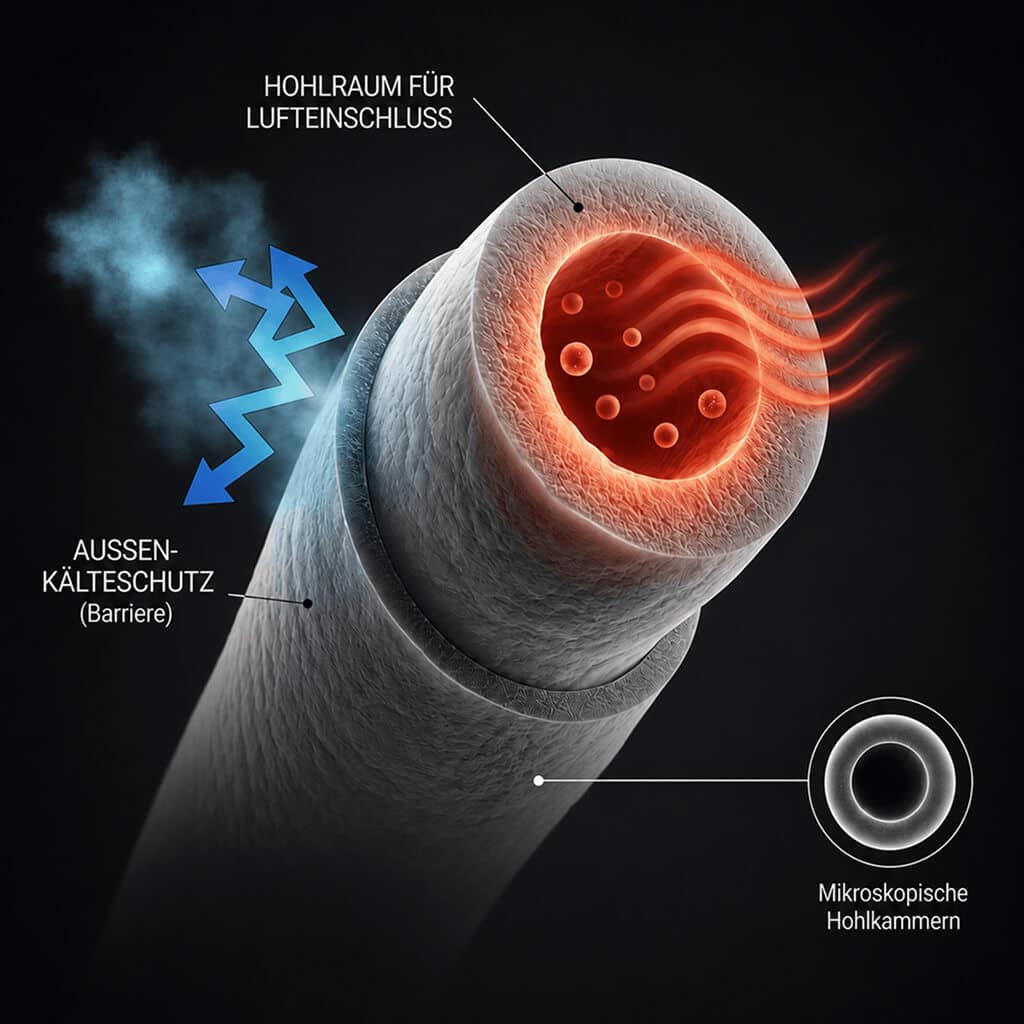 Mikroskopische Aufnahme einer Alpaka Faser, die ihre besonderen Wärmeeigenschaften erklärt