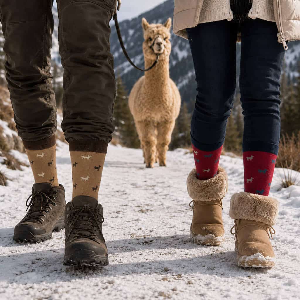 Alpaka Wanderung mit Alpaka Motiv Socken in dunkelrot und braun