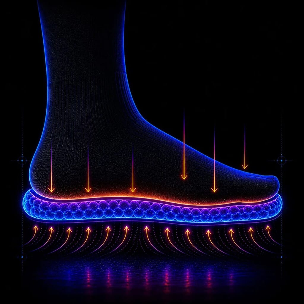 Technisches Bild zeigt den komplett verstärkten Fussbereich unserer hochwertigen Alpaka Wollsocken
