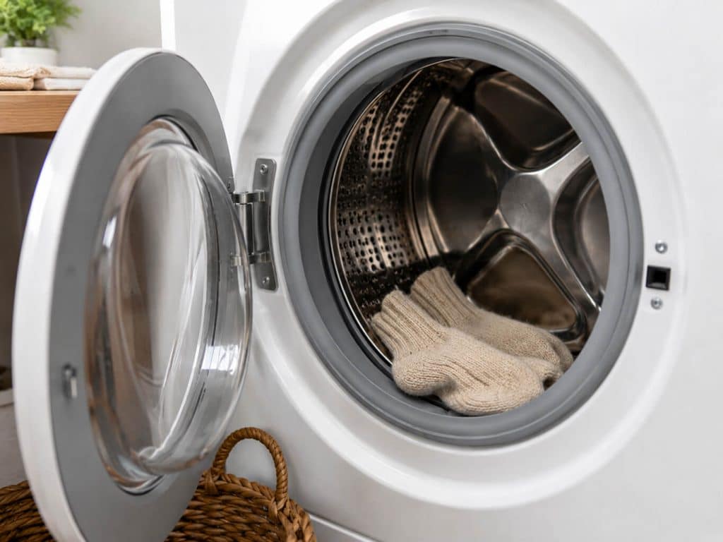 Alpaka Wollsocken liegen in der Waschmaschine
